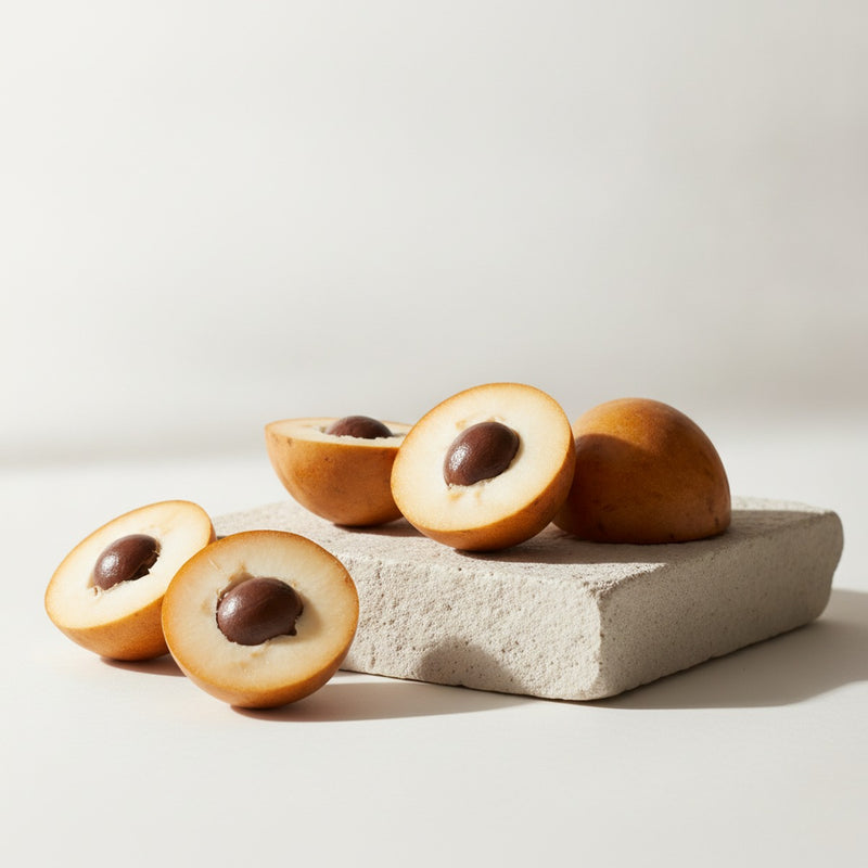 Amarula — Creamy Amarula fruit halves with kernel, arranged on pale stone with soft shadow.