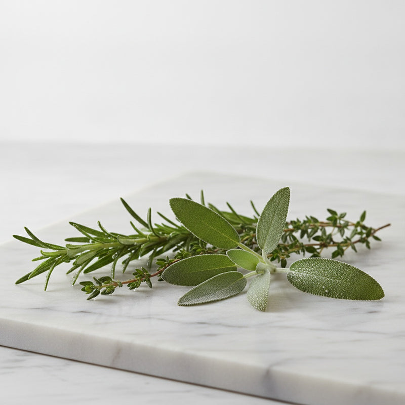 Aromatic Herbs — Fresh-cut rosemary, thyme, and sage sprigs arranged on pale marble with morning dew.