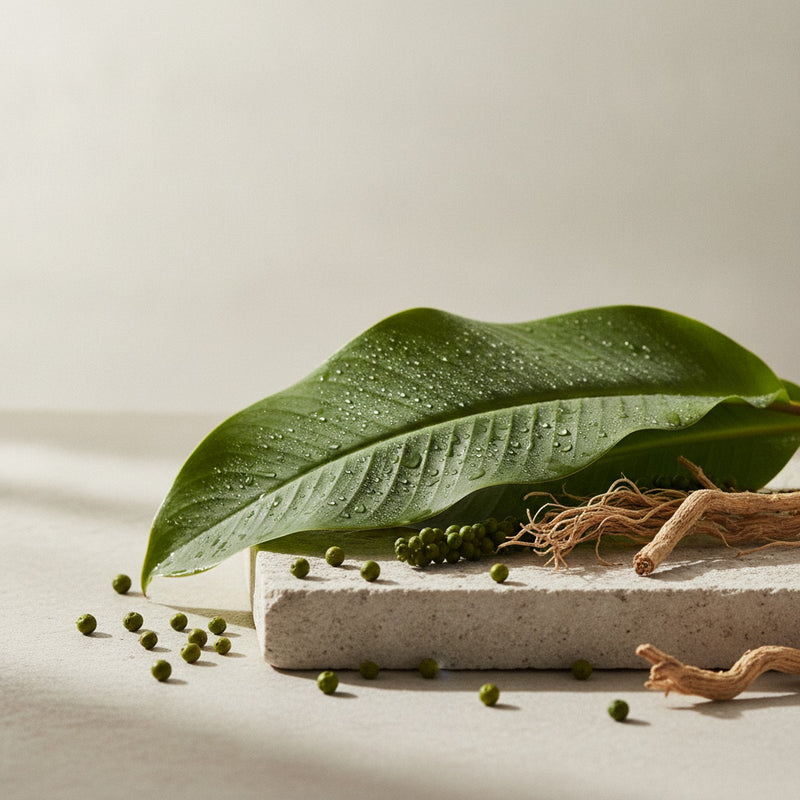 Banana Leaf — Fresh banana leaves with morning dew, arranged on pale stone with scattered green peppercorns and dried ve