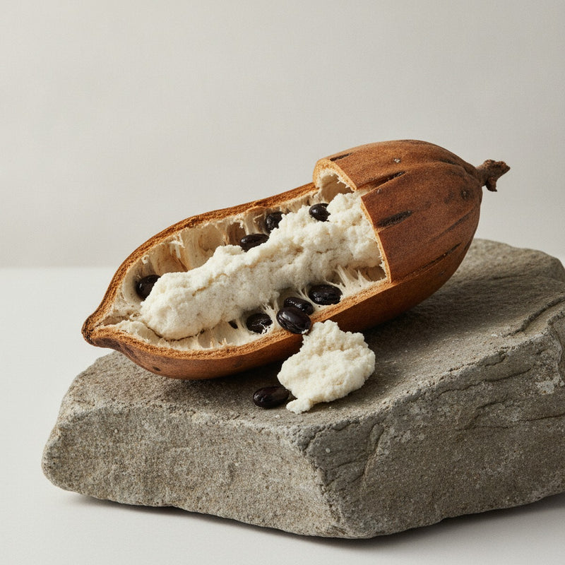 Baobab — Ancient baobab fruit pod split open, revealing seeds and creamy pulp on weathered stone.