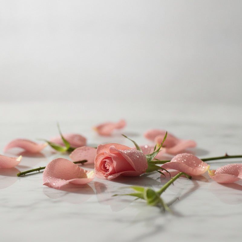 Bulgarian Rose — Dewy Bulgarian rose petals scattered on pale marble with green sepals and stems.
