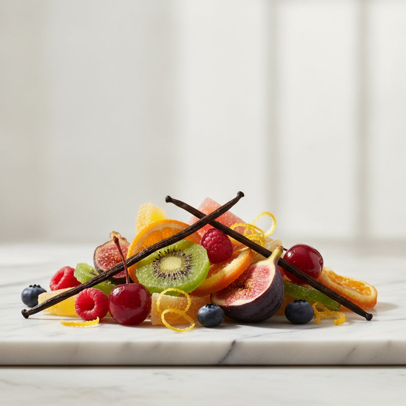 Candied Fruits — Jewel-toned candied fruits and citrus peels arranged with fresh berries and vanilla pods on marble.