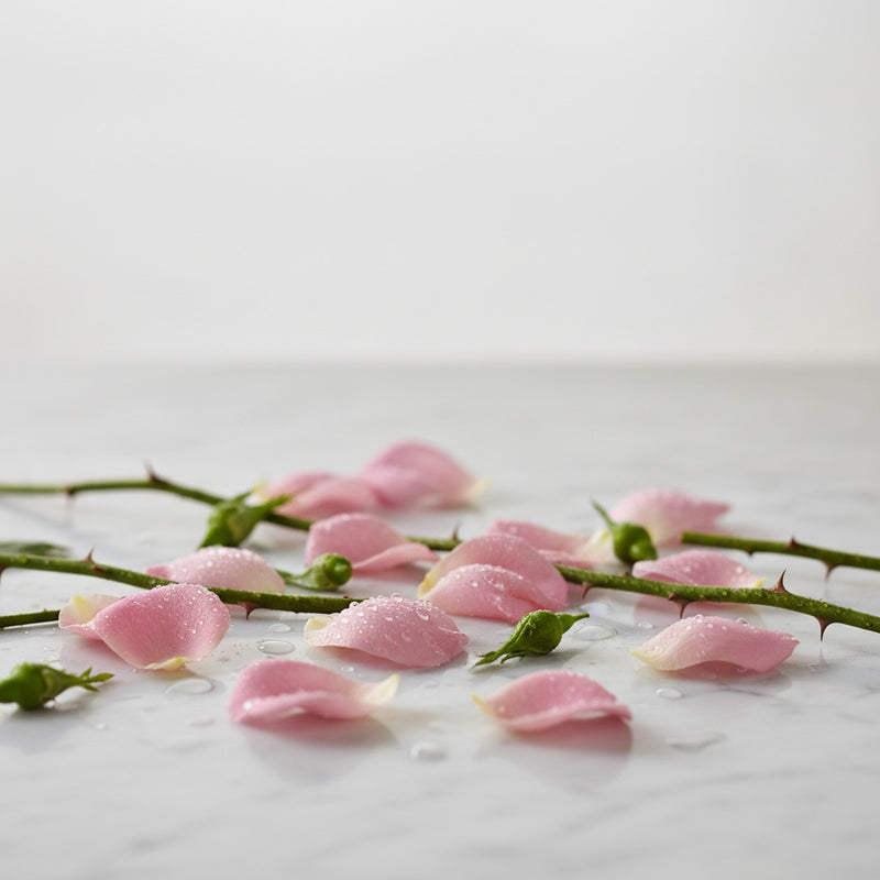 Damask Rose — Dewy damask rose petals scattered on pale marble with green sepals and thorned stems.