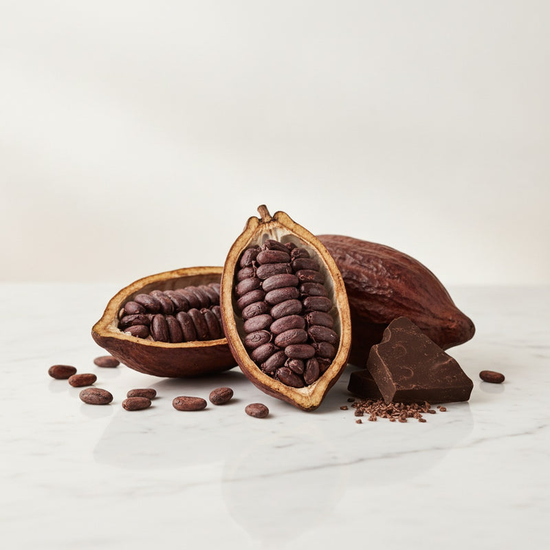Dark Chocolate — Cacao pods split open revealing dark beans, scattered cocoa nibs, and a single dark chocolate piece on