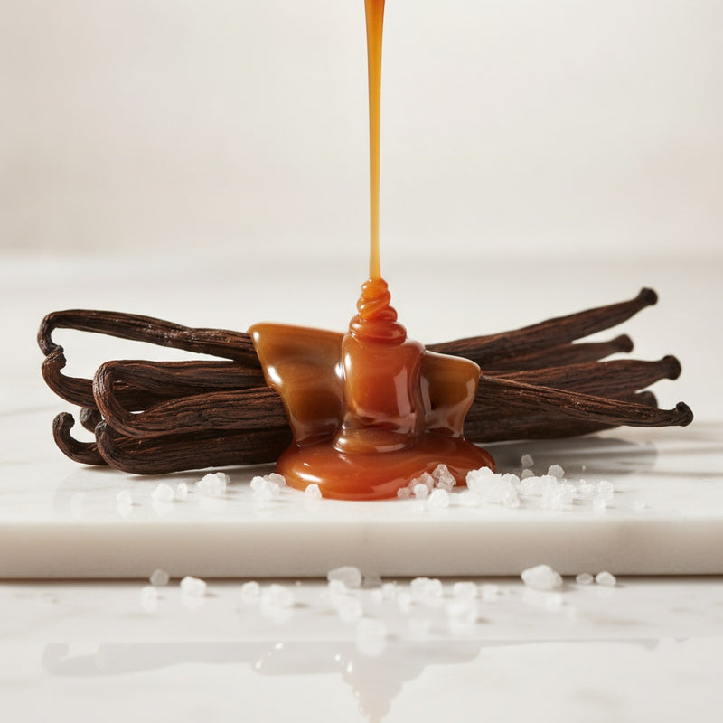 Dulce de Leche — Caramelized condensed milk dripping over vanilla pods and sea salt crystals on marble.