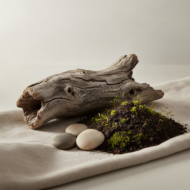 Earthy — Weathered wood, dark soil, moss, and smooth stones arranged on natural linen.