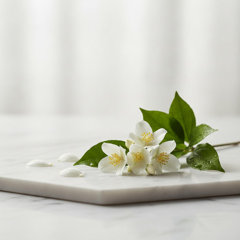 Floral Green — Fresh green stems and petals of jasmine flowers with dewy green leaves arranged on white marble.