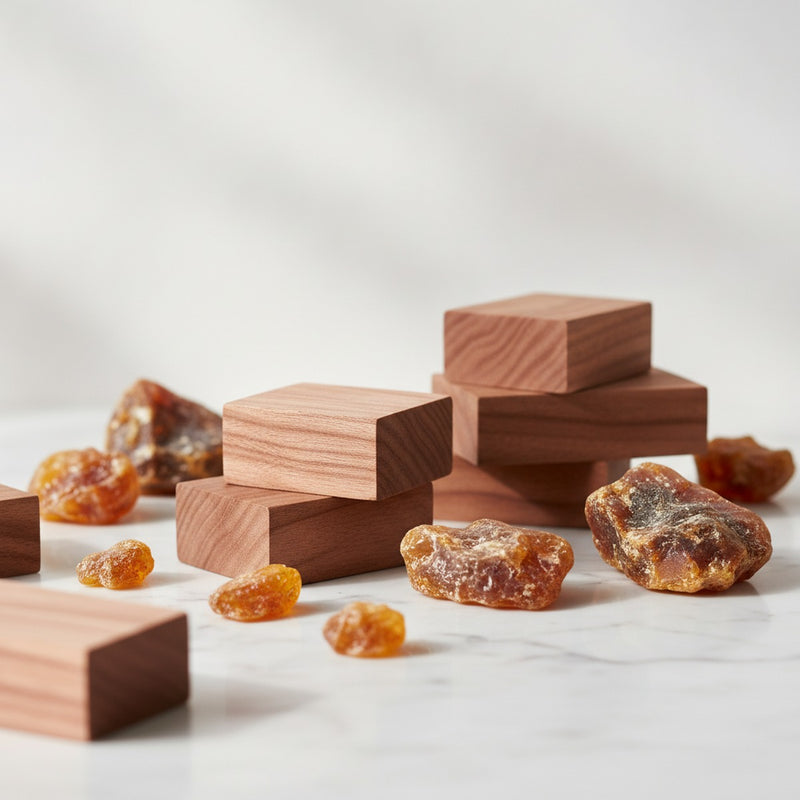 Iso E Super — Polished cedarwood blocks and ambroxan-evoking amber resin on white marble.