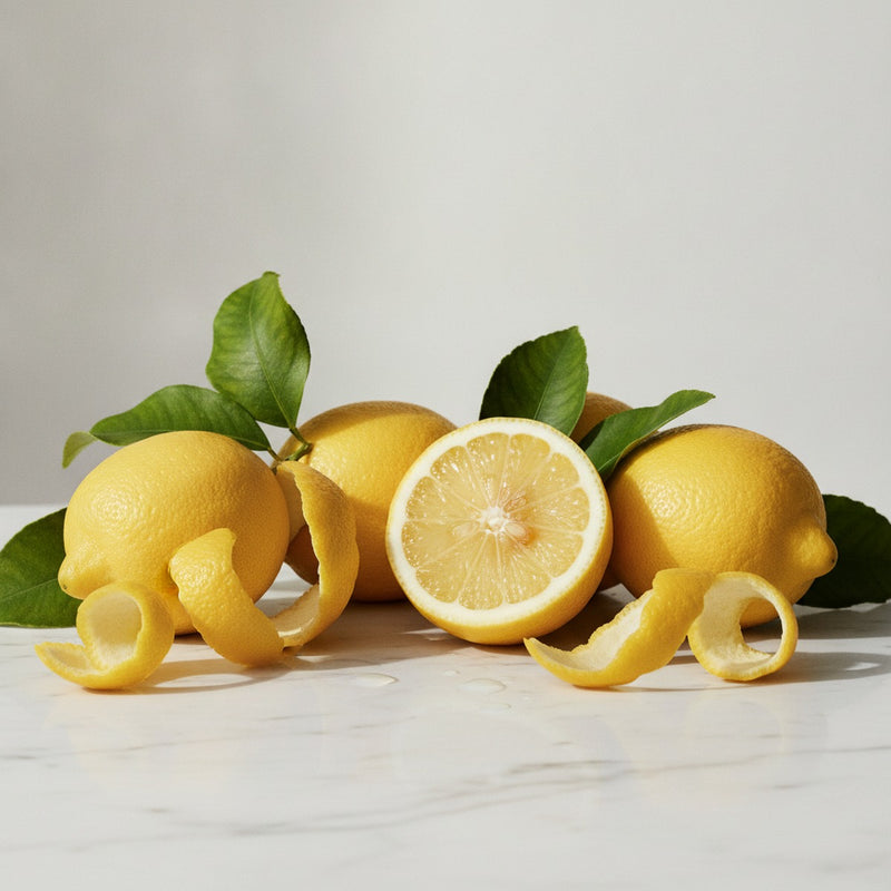 Italian Lemon — Fresh Amalfi lemons with leaves, scattered peel, and a single cut half on white marble.