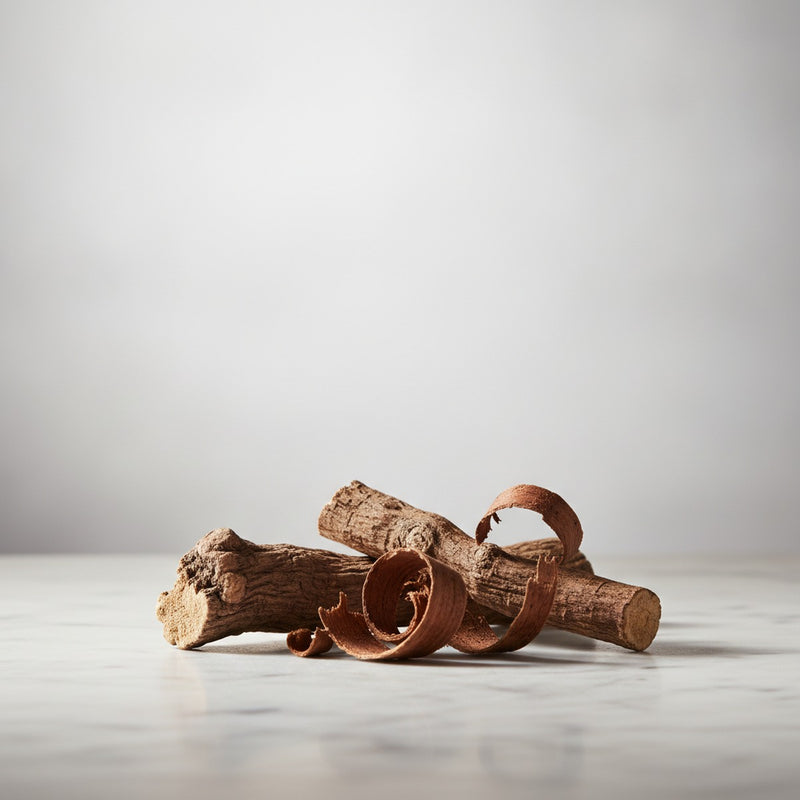 Liquorice Wood — Dried liquorice root pieces and dark wood shavings arranged on pale marble surface.