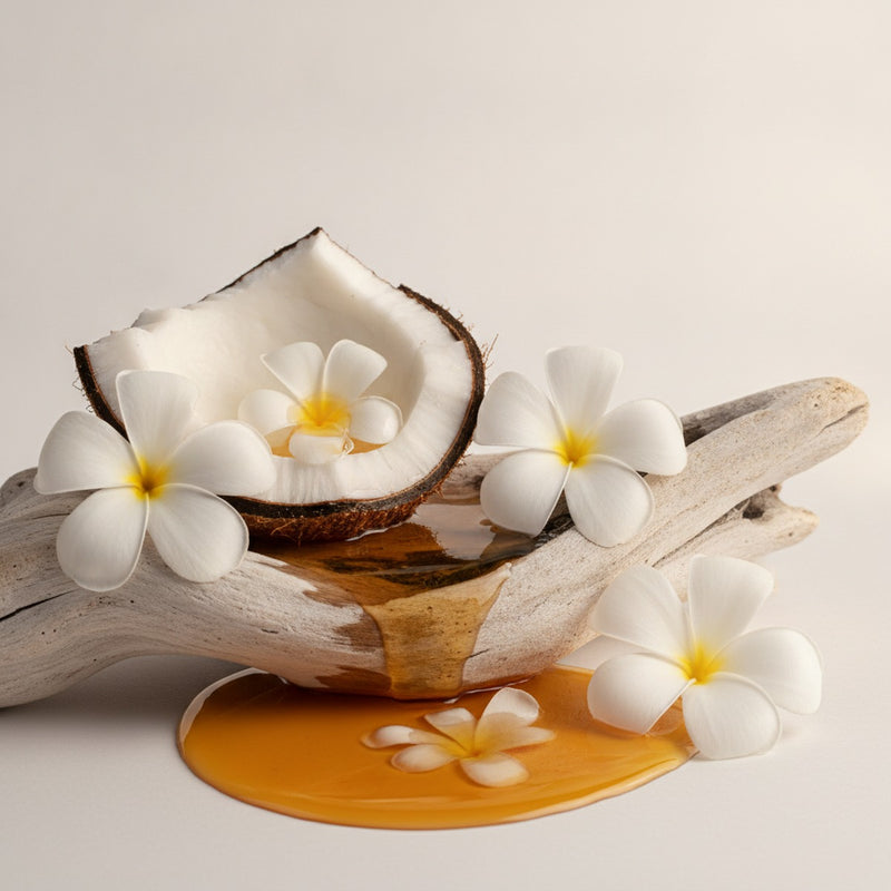Monoi — Creamy coconut flesh and tropical monoi oil pooling on weathered driftwood with fresh tiare flowers.