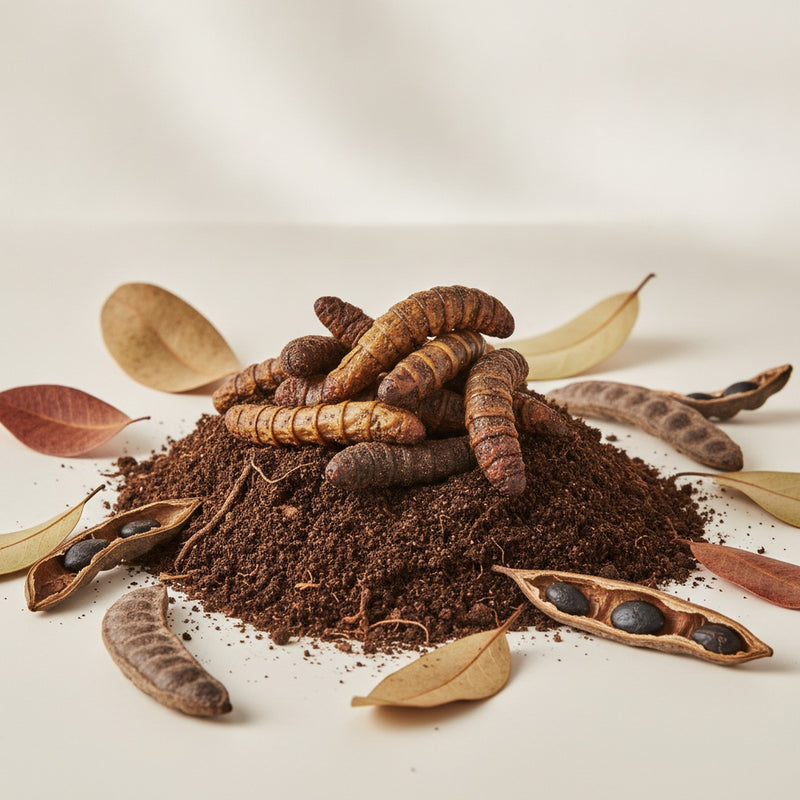 Mopane — Weathered mopane worms arranged on dark soil with scattered mopane tree leaves and pods.