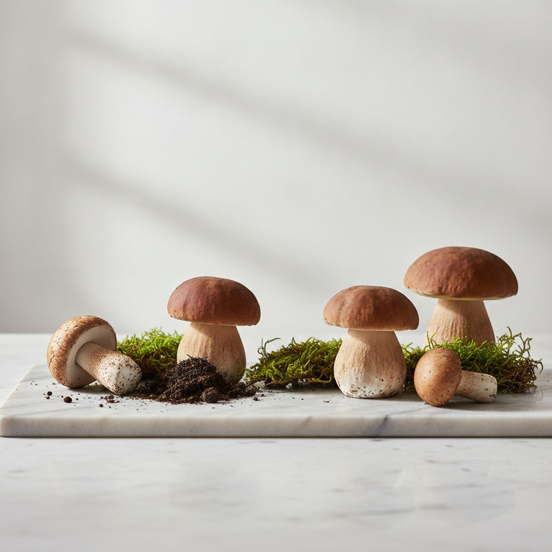 Mushroom — Fresh porcini and cremini mushrooms with scattered soil and moss on pale marble.