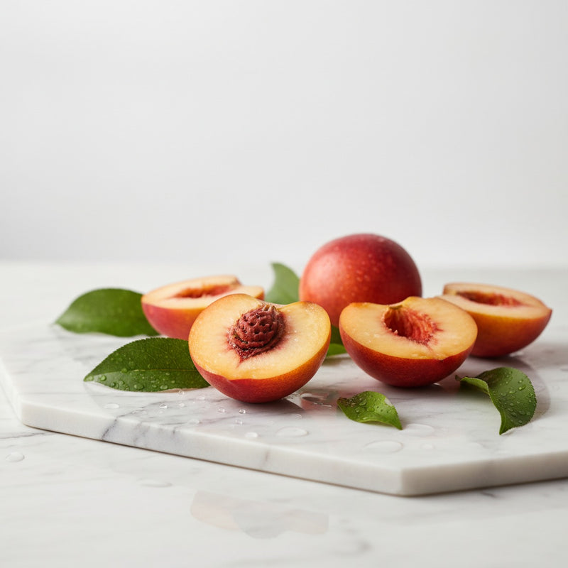 Nectarine — Halved nectarines with pit exposed, arranged on white marble with scattered leaves and dewdrops.