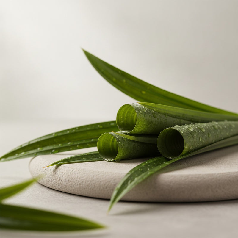 Pandanus — Fresh pandanus leaves arranged with tropical moisture droplets on pale stone surface.