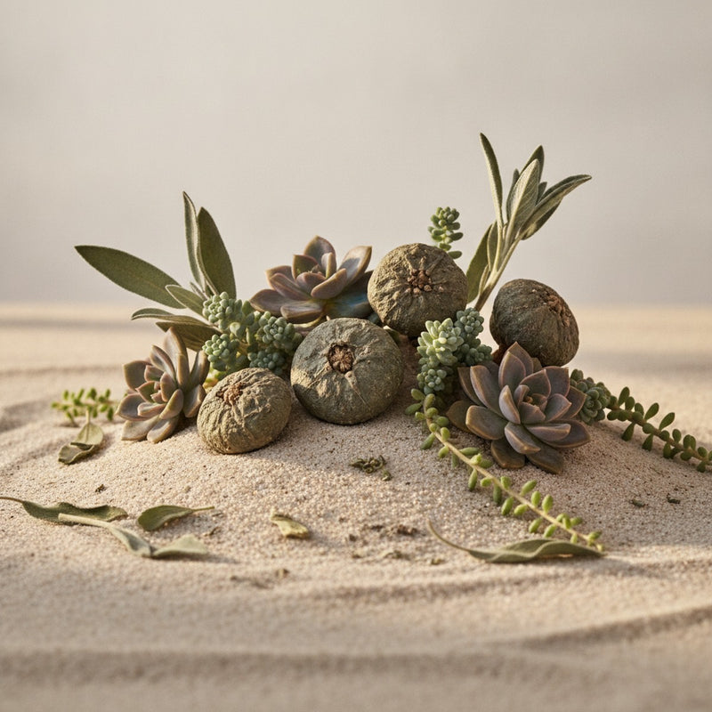 Peyote — Dried peyote buttons and desert succulents arranged on pale sand with scattered sage leaves.