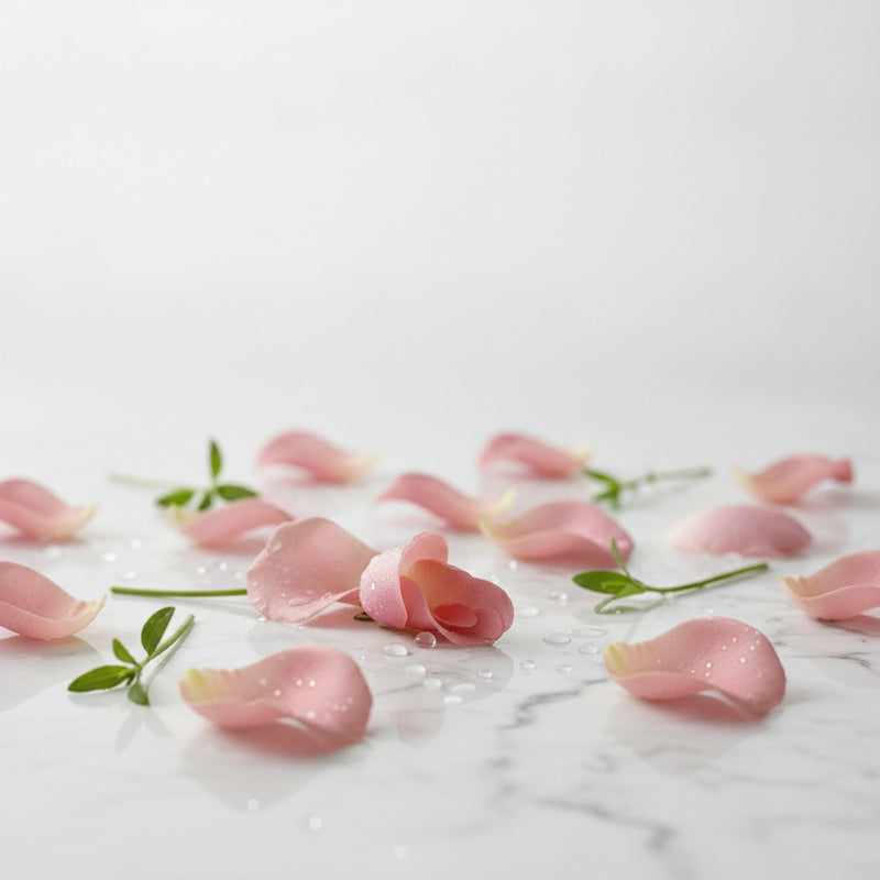 Pink Rose — Fresh pink rose petals scattered across white marble with green stems and dewy water droplets.