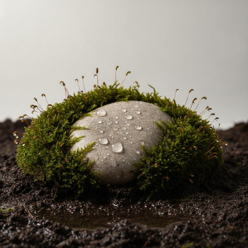Rain — Wet petrichor soil with fresh raindrops and green moss on pale stone.