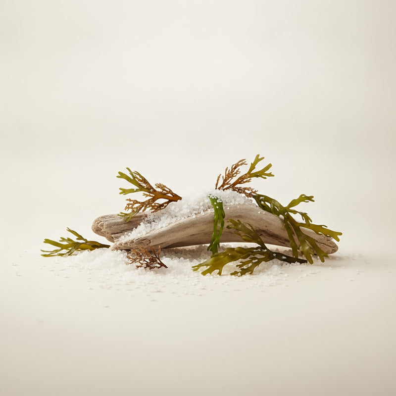 Sea Salt — Coarse sea salt crystals scattered across weathered driftwood with fresh seaweed sprigs.