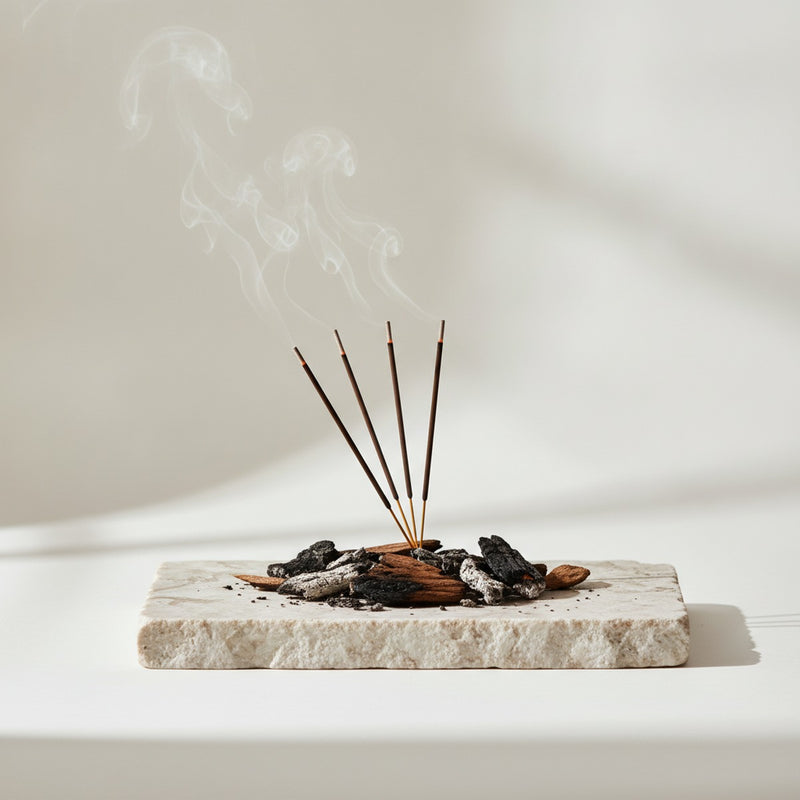 Smoke — Smoldering incense sticks and charred wood chips arranged on pale stone.