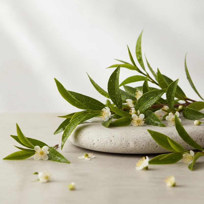 Tea Tree — Fresh tea tree branches with dewy leaves and delicate white flowers scattered on pale stone.