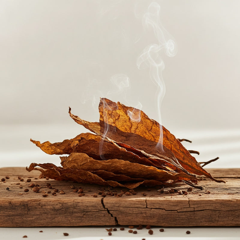 Tobacco Leaf — Dried tobacco leaves with subtle smoke wisps arranged on weathered wood with scattered seeds.