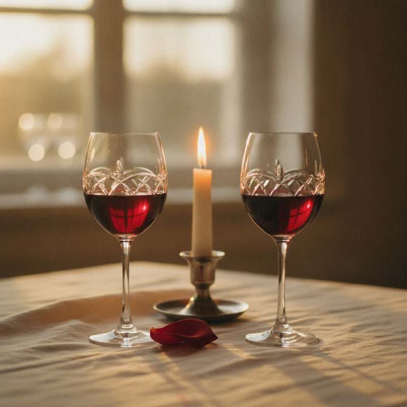 Two crystal wine glasses in candlelight — romantic evening fragrance occasion
