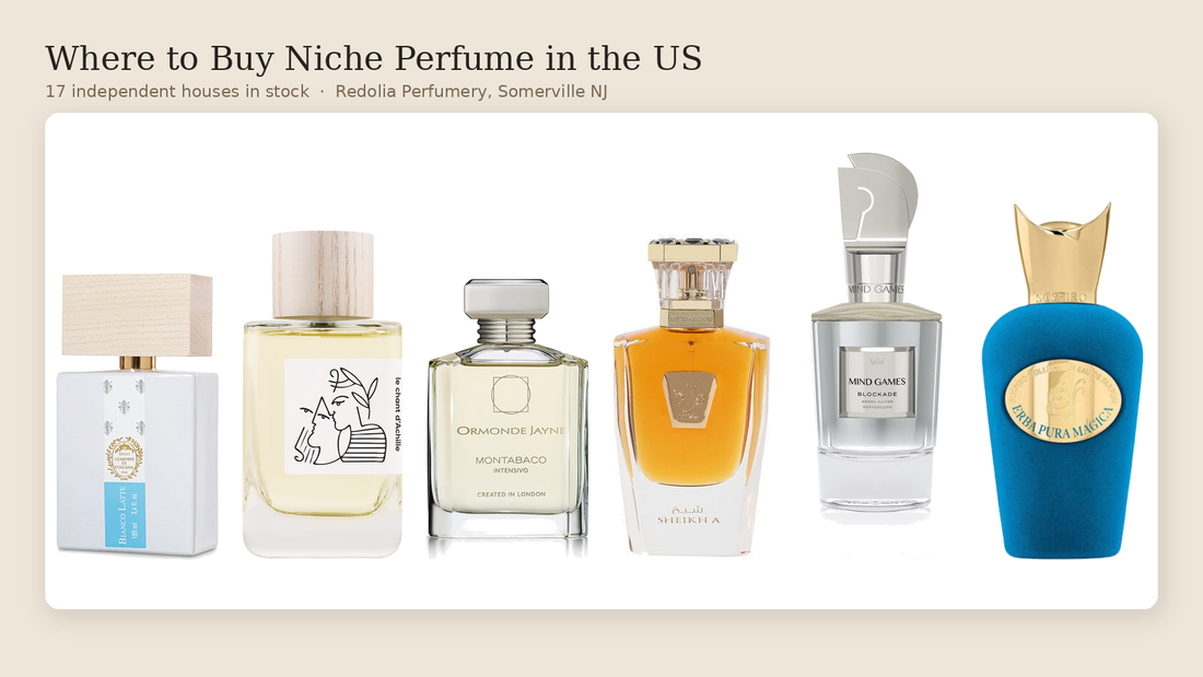 Six niche perfume bottles from houses stocked at Redolia Perfumery: Bianco Latte, Hellenist, Ormonde Jayne, Hind Al Oud, Mind Games and Sospiro