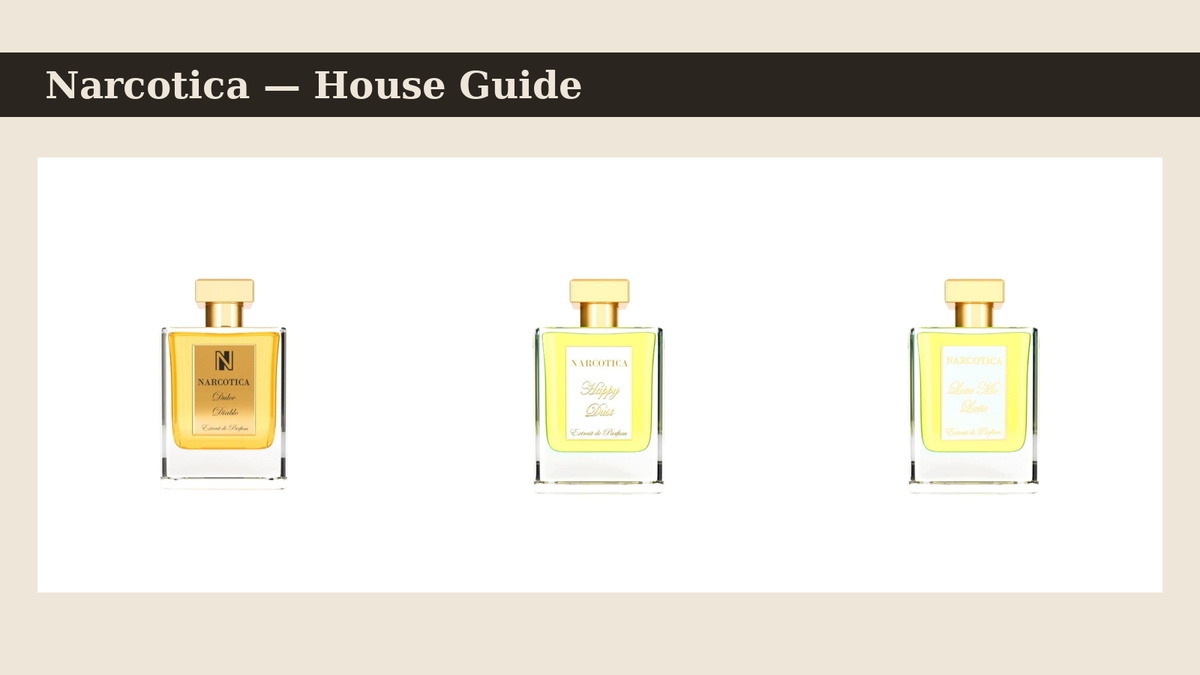 Narcotica perfumes — Dulce Diablo, Happy Dust and Love Me Latte bottles