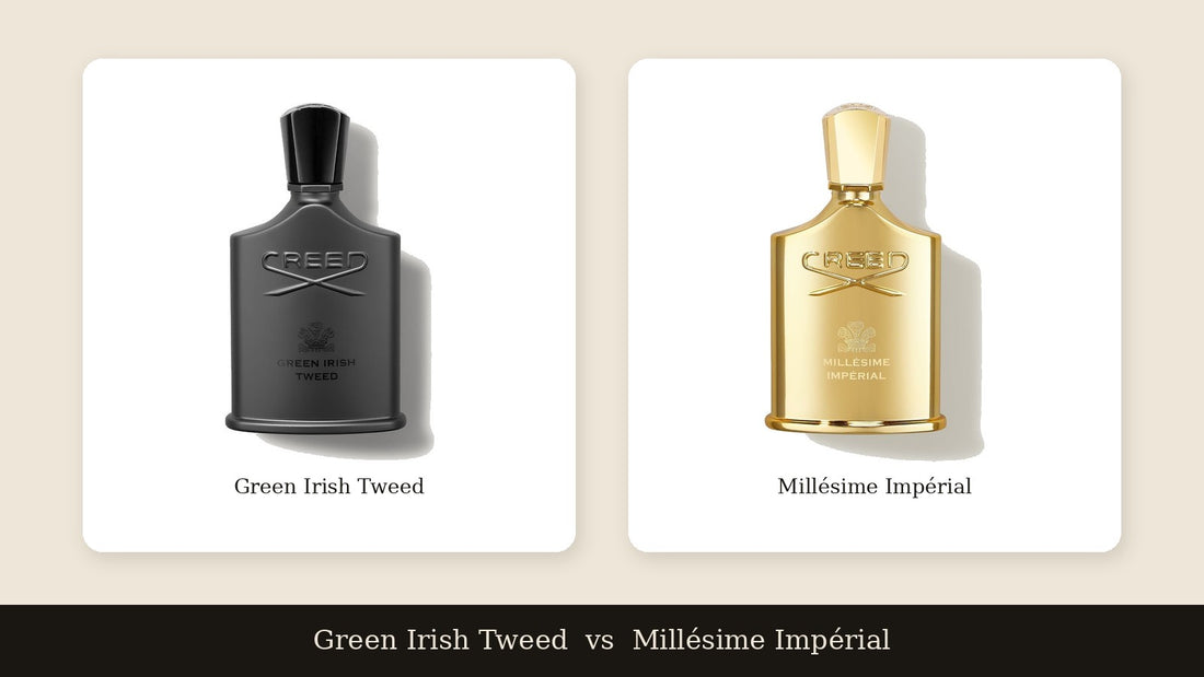 Creed Green Irish Tweed and Millesime Imperial eau de parfum bottles side by side