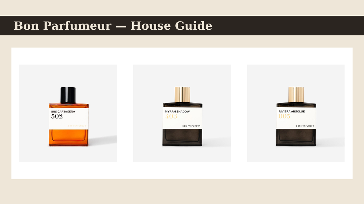 Bon Parfumeur perfumes — 502 Iris Cartagena, 403 Myrrh Shadow and 005 Riviera Absolue bottles