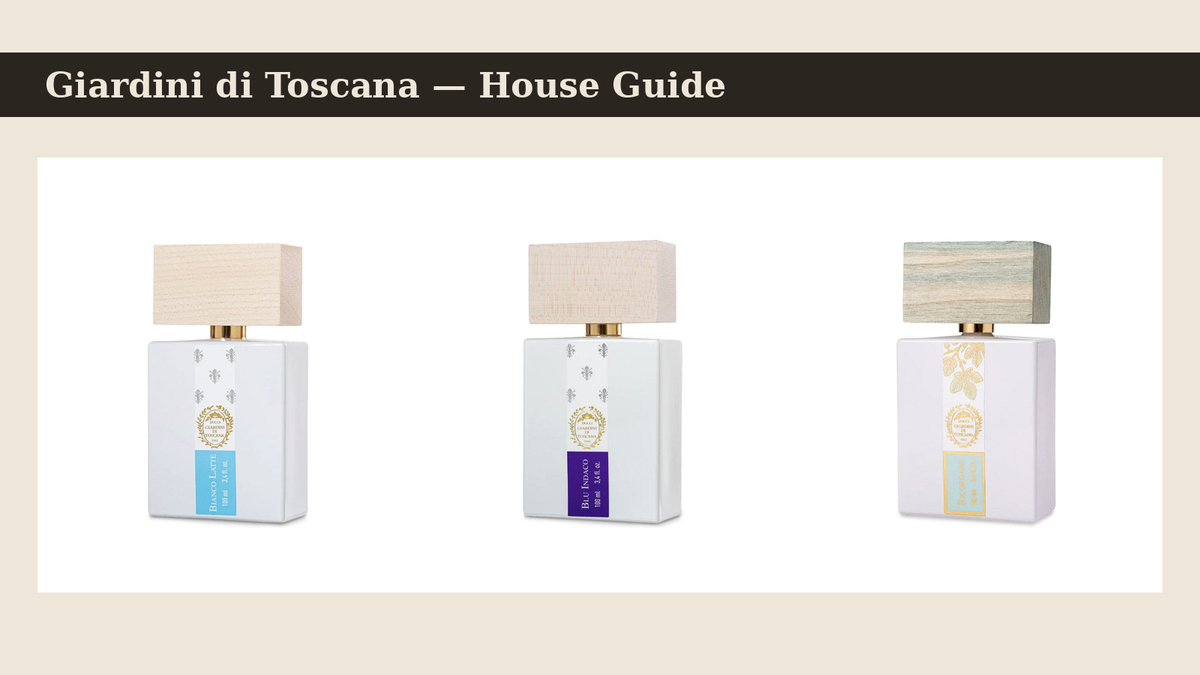 Giardini di Toscana perfumes — Bianco Latte, Blu Indaco and Ricordami bottles