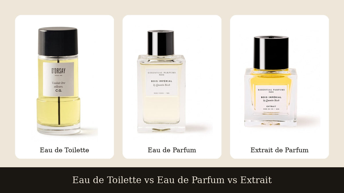 Three concentrations side by side: D'ORSAY Tilleul d'Ailleurs eau de toilette, Essential Parfums Bois Impérial eau de parfum and Bois Impérial extrait de parfum