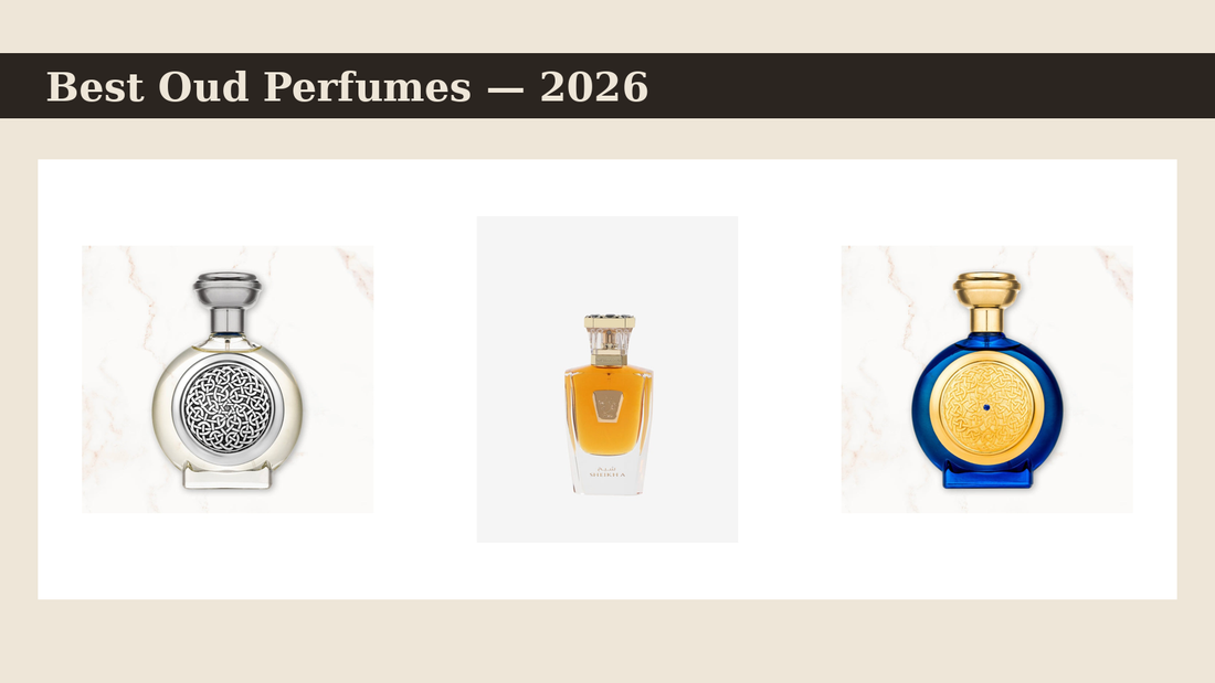 Best oud perfumes 2026 — Boadicea Imperial, Hind Al Oud Sheikh A and Blue Sapphire bottles