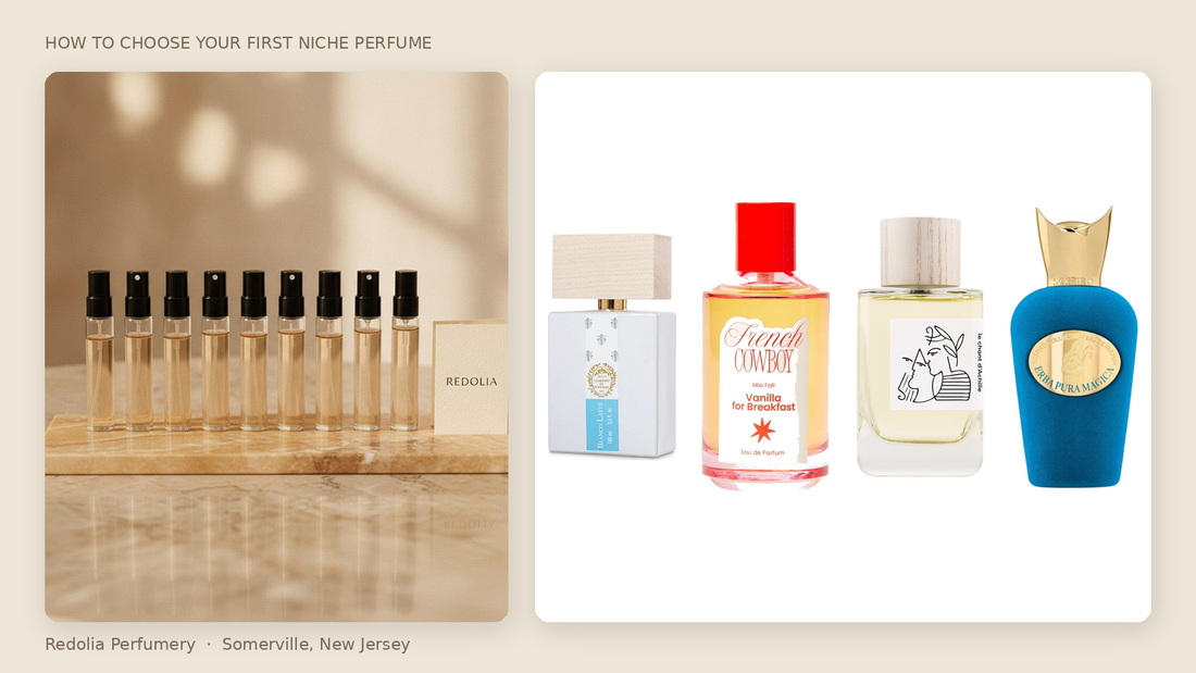 Niche perfume sample atomizers beside Bianco Latte, Vanilla for Breakfast, Le Chant d'Achille and Erba Pura Magica bottles at Redolia Perfumery