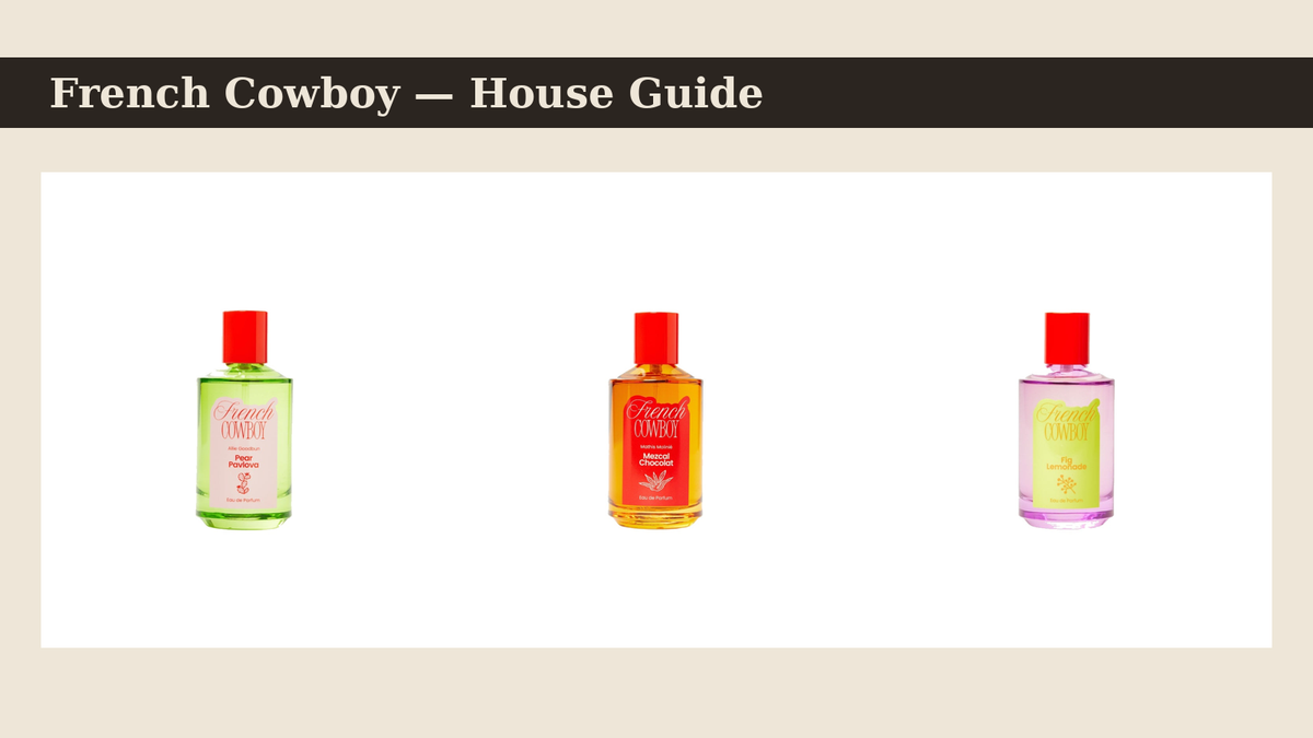 French Cowboy perfumes — Pear Pavlova, Mezcal Chocolat and Fig Lemonade bottles