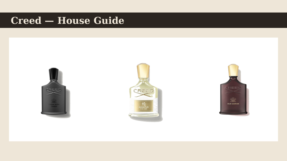 Creed perfumes — Green Irish Tweed, Aventus for Her and Oud Zarian bottles