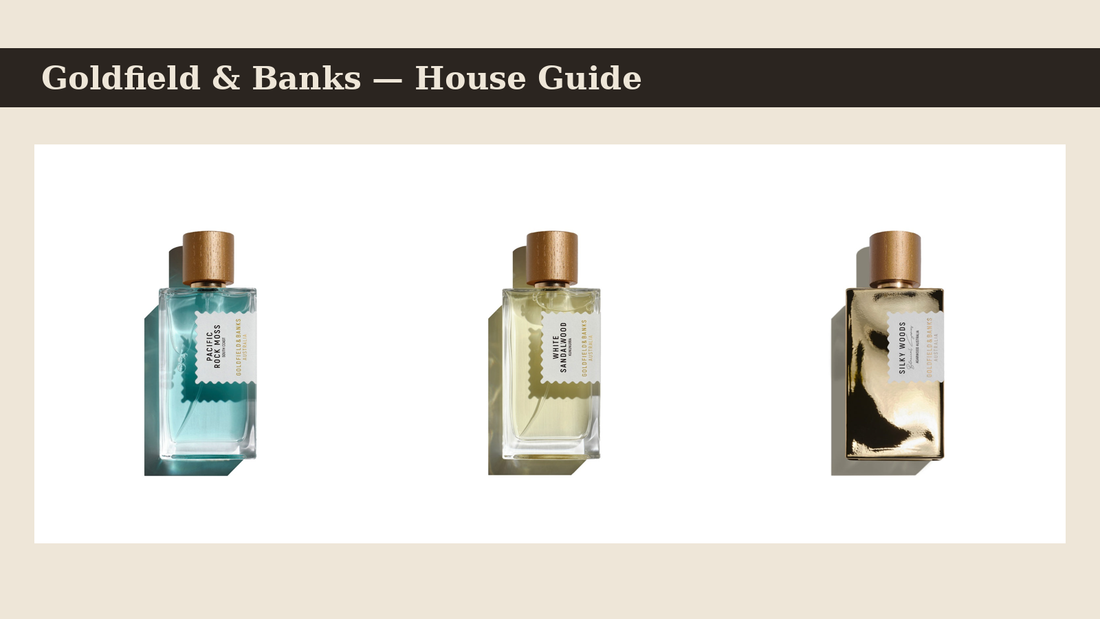 Goldfield & Banks perfumes — Pacific Rock Moss, White Sandalwood and Silky Woods bottles