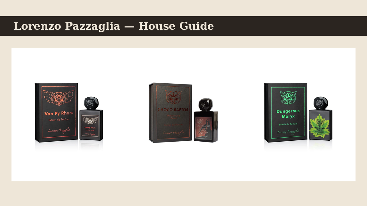 Lorenzo Pazzaglia perfumes — Van Py Rhum, Choco Raptor and Dangerous Maryx bottles