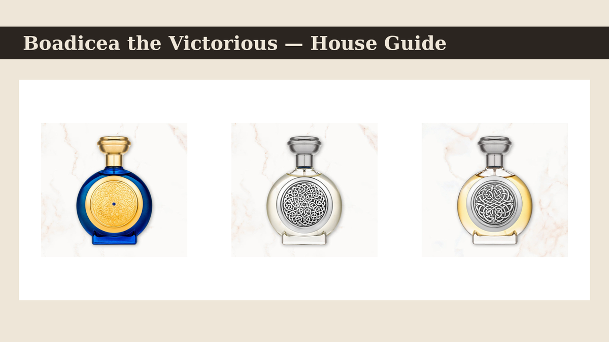 Boadicea the Victorious perfumes — Blue Sapphire, Imperial and Complex bottles