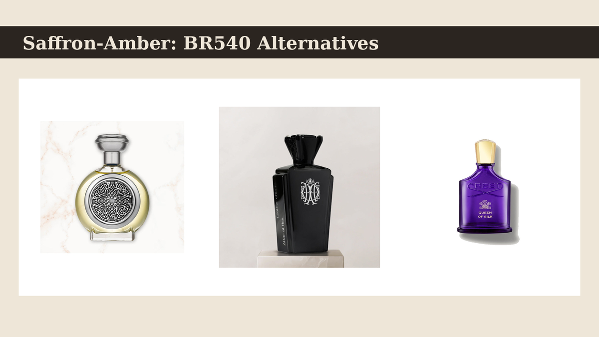 Baccarat Rouge 540 niche alternatives — Boadicea Ardent, Attar Al Has Leather Effecto and Creed Queen of Silk bottles