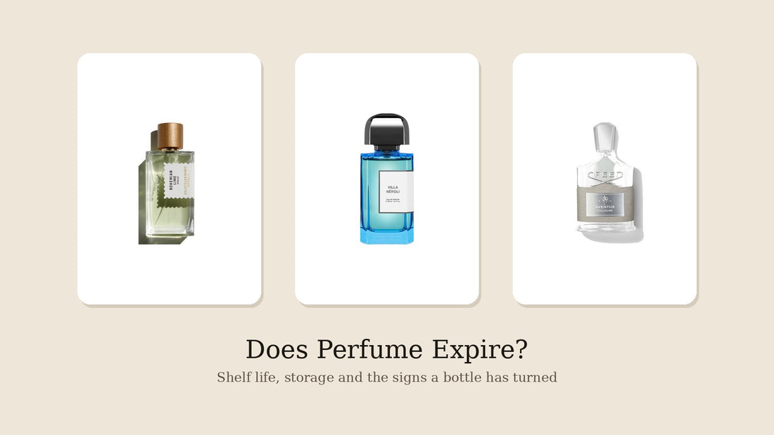Three niche perfume bottles - Goldfield & Banks Bohemian Lime, BDK Villa Neroli and Creed Aventus Cologne - on white panels against a cream background