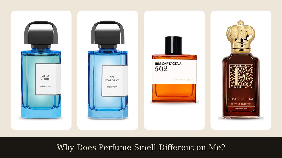 Four perfumes side by side: BDK Parfums Villa Néroli, BDK Parfums Sel d'Argent, Bon Parfumeur 502 Iris Cartagena and Clive Christian E Cashmere Musk