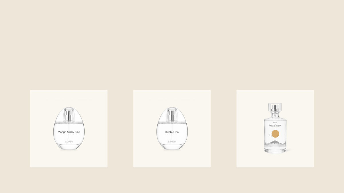 d'Annam perfumes at Redolia: Mango Sticky Rice, Bubble Tea and Japanese Whiskey bottles