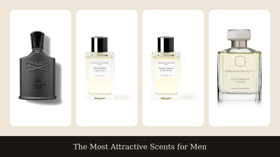 Four men's fragrances side by side: Creed Green Irish Tweed, Essential Parfums Bois Impérial, Essential Parfums Divine Vanille and Ormonde Jayne Montabaco Intensivo