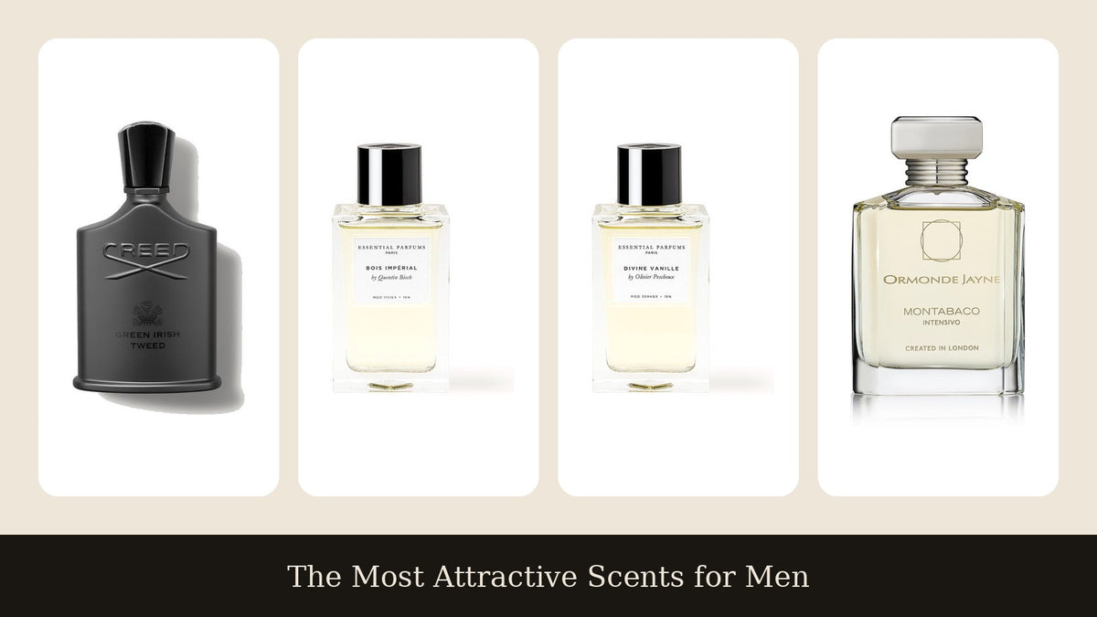 Four men's fragrances side by side: Creed Green Irish Tweed, Essential Parfums Bois Impérial, Essential Parfums Divine Vanille and Ormonde Jayne Montabaco Intensivo