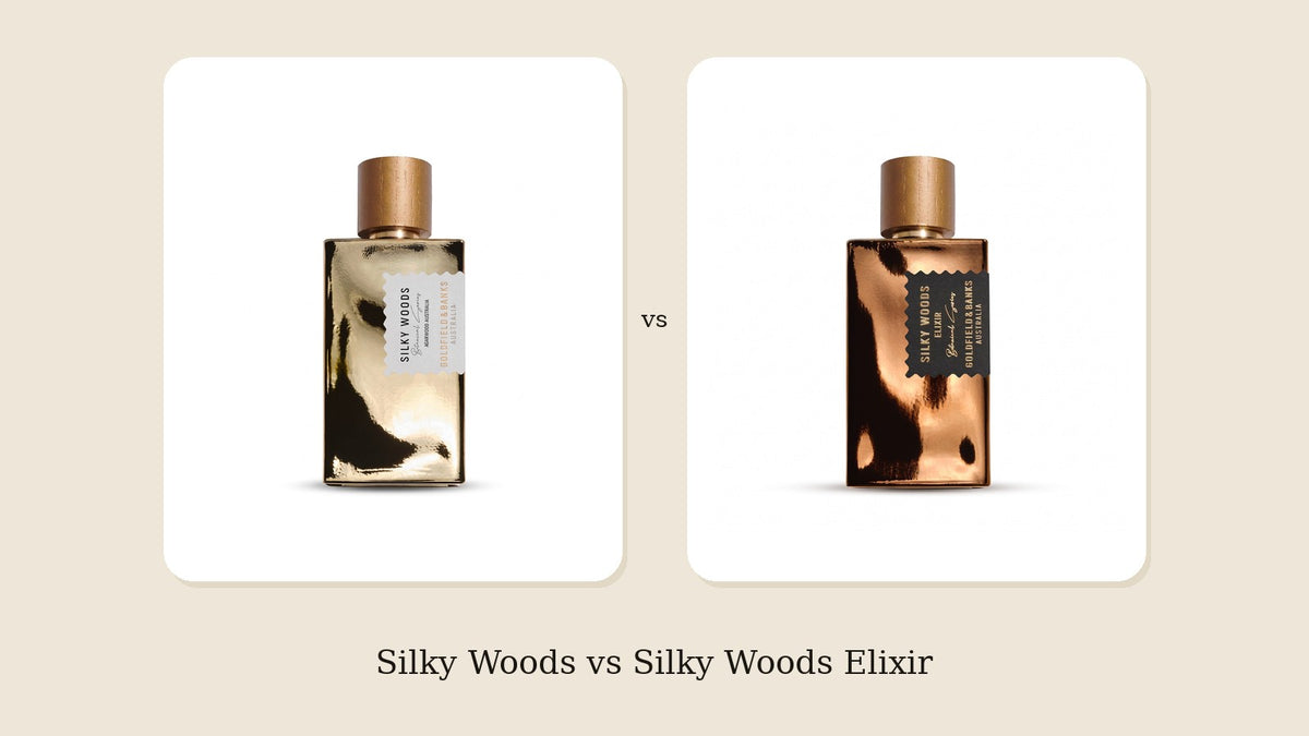 Goldfield & Banks Silky Woods (gold bottle) and Silky Woods Elixir (bronze bottle) side by side