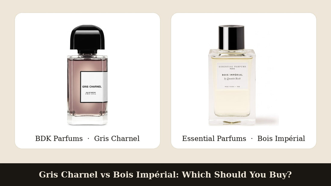 BDK Parfums Gris Charnel and Essential Parfums Bois Impérial bottles side by side on white cards