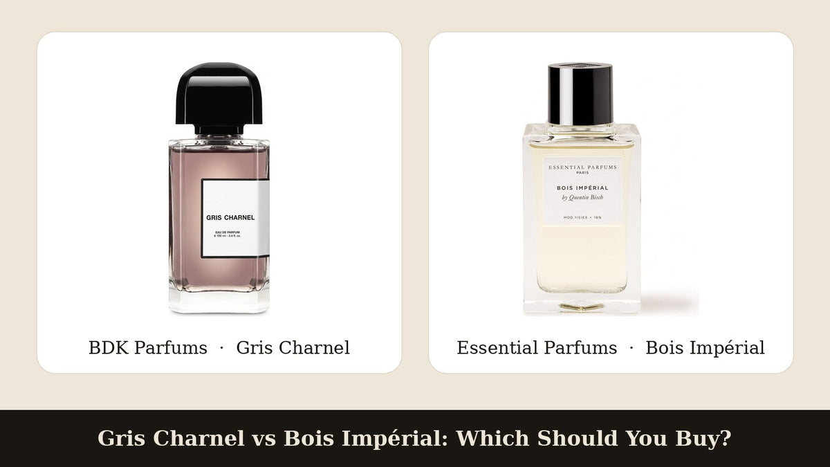 BDK Parfums Gris Charnel and Essential Parfums Bois Impérial bottles side by side on white cards