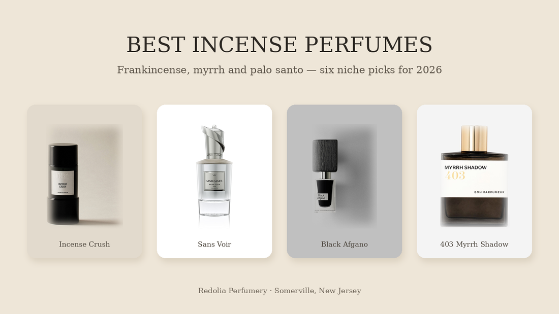 D'ORSAY Incense Crush, Mind Games Sans Voir, Nasomatto Black Afgano and Bon Parfumeur 403 Myrrh Shadow bottles